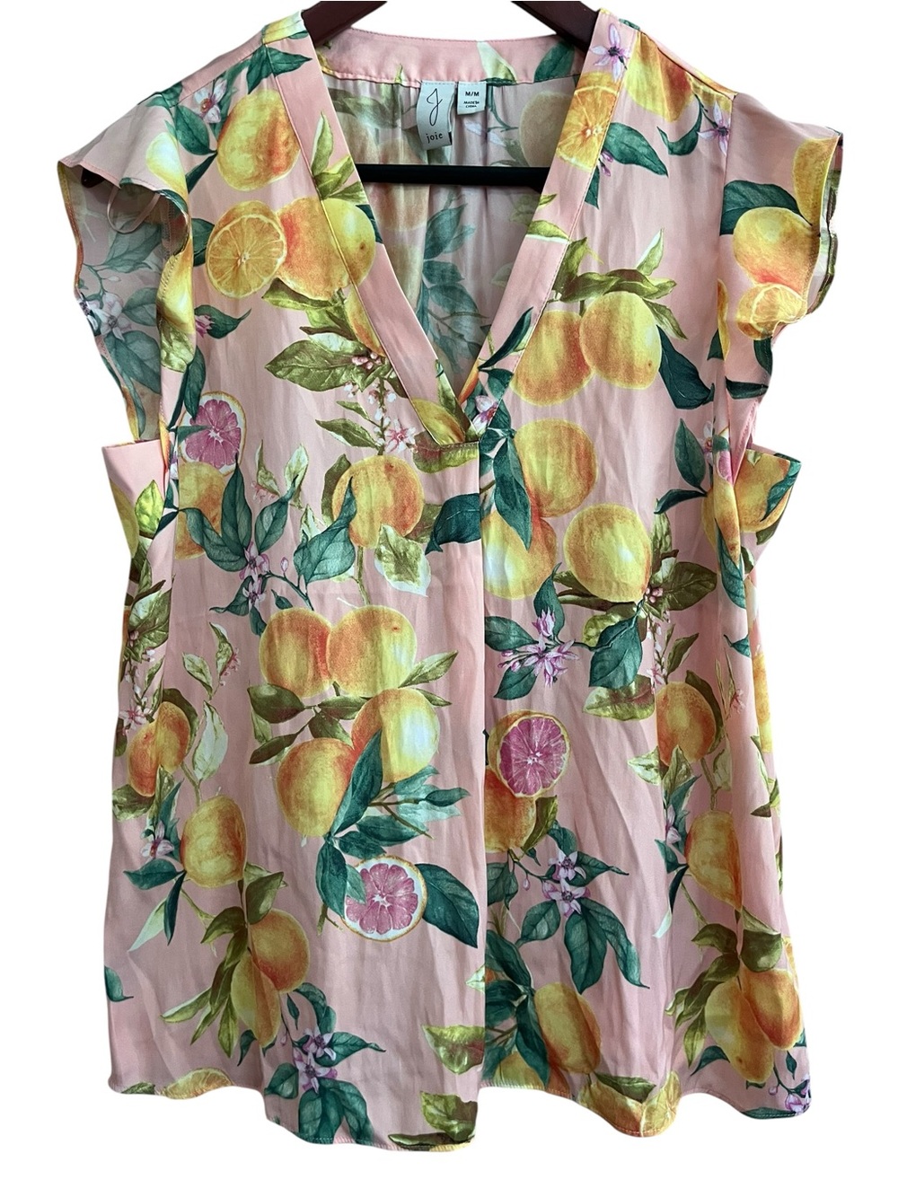Joie Pink Citrus Print V-Neck Flutter Sleeve Blouse - Size Medium